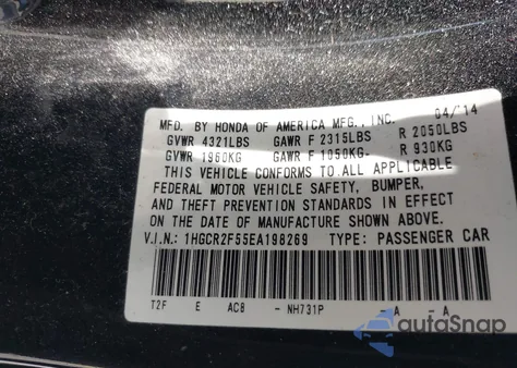 2014 Honda Accord Sport from USA, damaged, VIN 1HGCR2F55EA198269